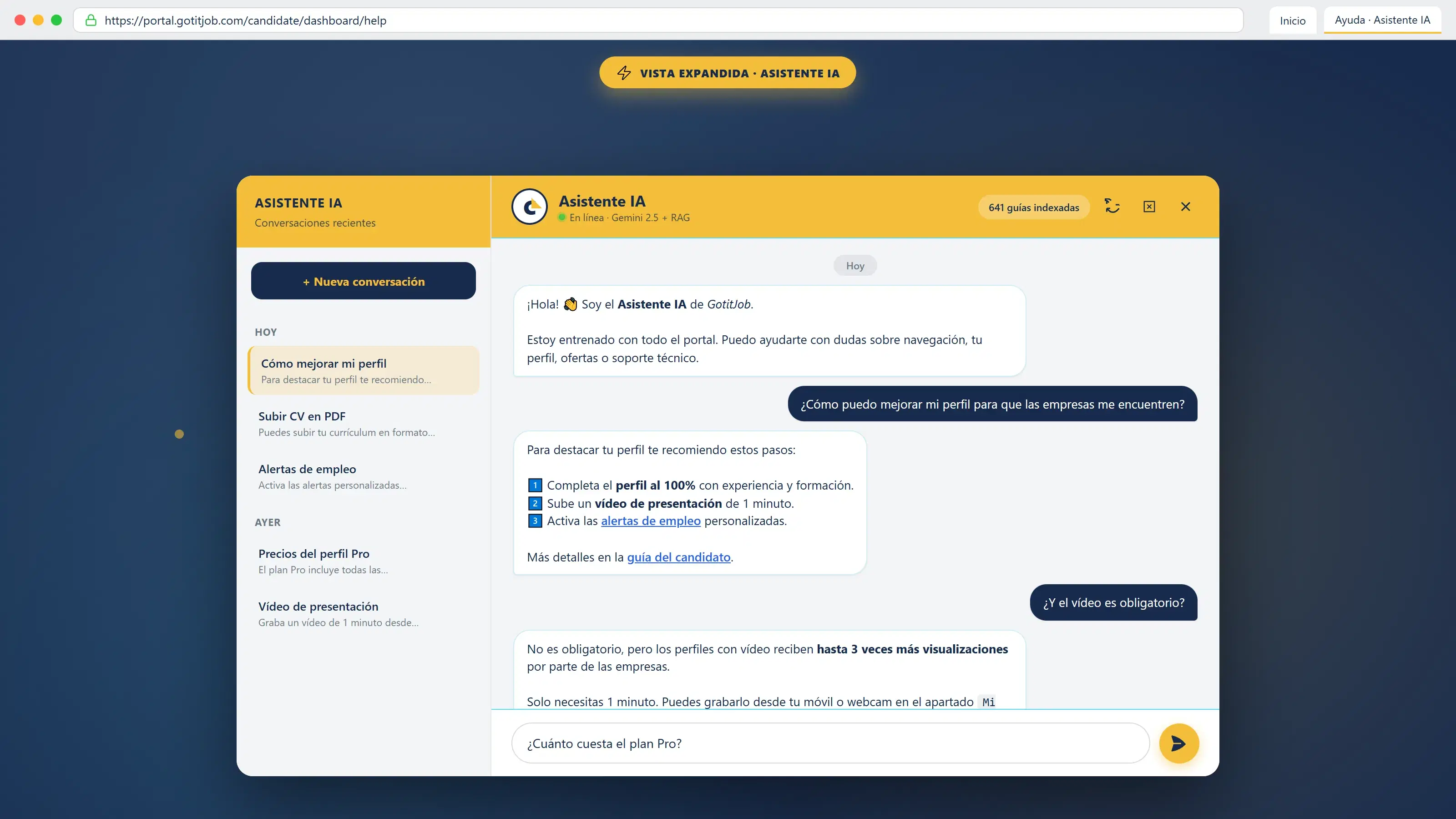 Asistente virtual de GotitJob en acción